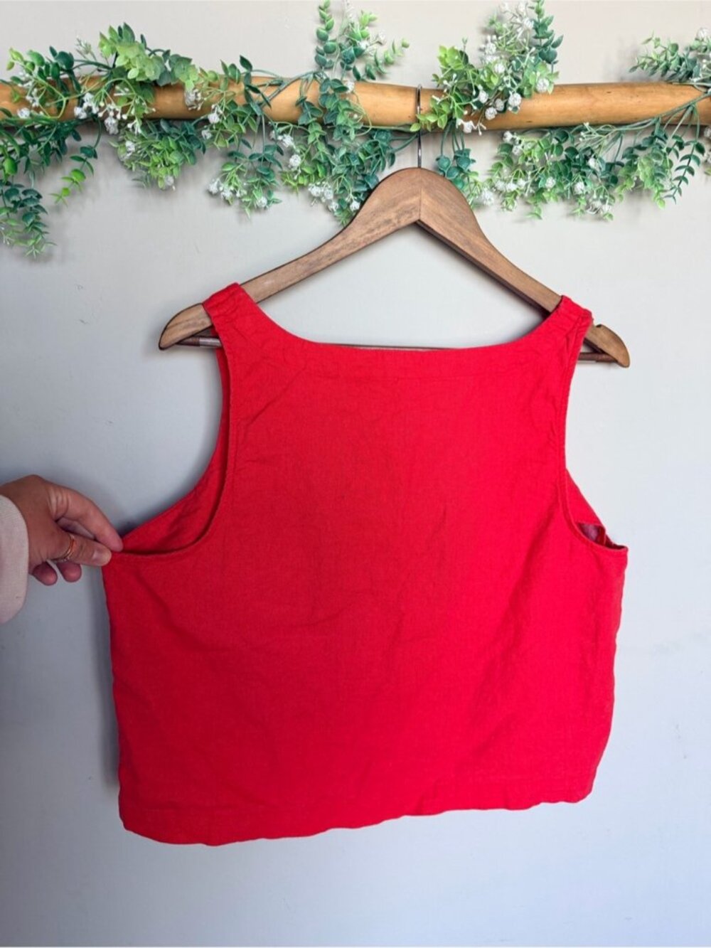 Bright Red Square-Neck Cropped Linen blend Tank - Picture 2 of 2